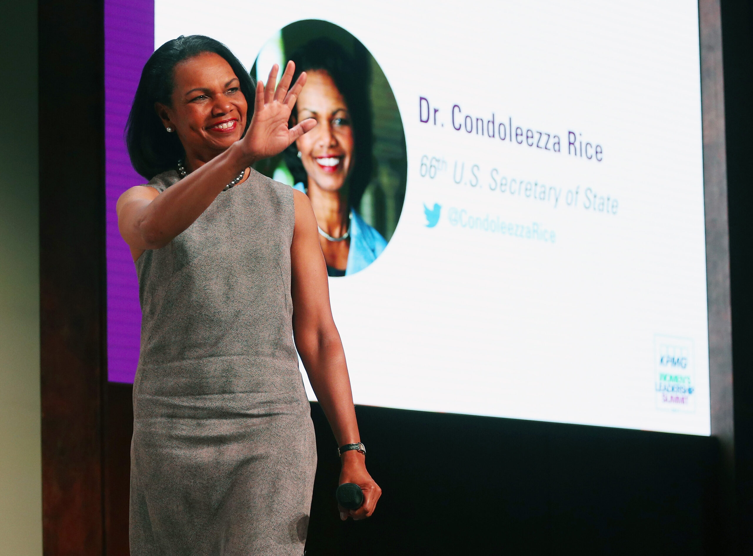 OLYMPIA FIELDS, IL - JUNE 28: Dr. Condoleezza Rice greets guests at the KPMG Women's Leadership Summit prior to the start of the 2017 KPMG Women's PGA Championship at Olympia Fields Country Club on June 28, 2017 in Olympia Fields, Illinois. (Photo by Scott Halleran/Getty Images for KPMG)